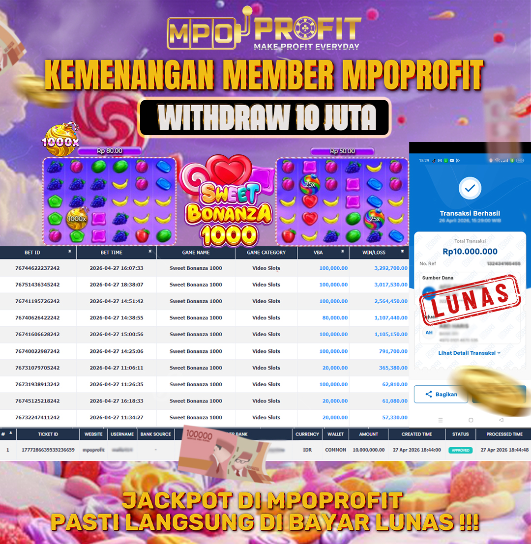 MPOPROFIT JACKPOT SLOT PRAGMATIC PLAY! KEMENANGAN MURNI DI (SWEET BONANZA 1000 TOTAL RP 10.000.000,- LUNAS)